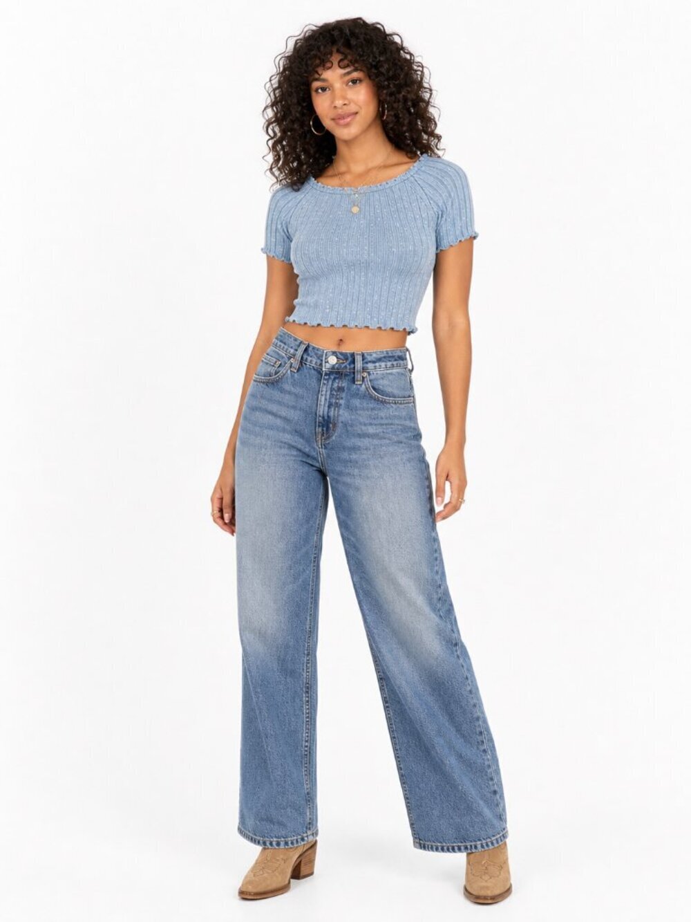 We The Free Meant To Be Tee Placid Blue Ribbed Crop Top Size S